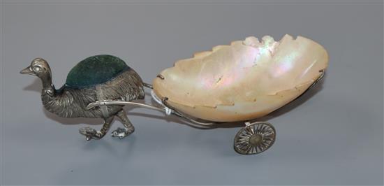 An Edwardian novelty silver pin cushion, modelled as an emu pulling a mother of pearl cart, Adie & Lovekin, Birmingham, 1909,